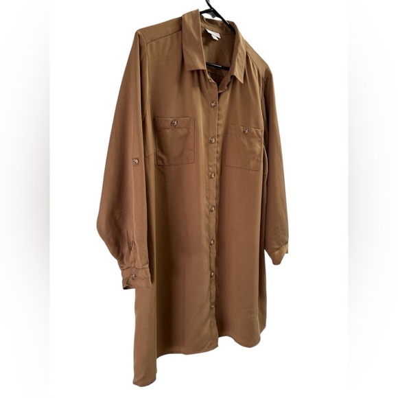 J Jill brown tunic roll tab long sleeve button down blouse - Picture 2 of 6